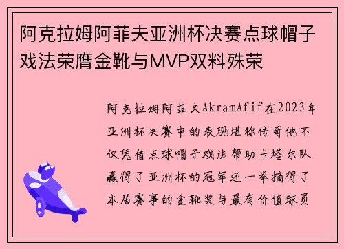 阿克拉姆阿菲夫亚洲杯决赛点球帽子戏法荣膺金靴与MVP双料殊荣